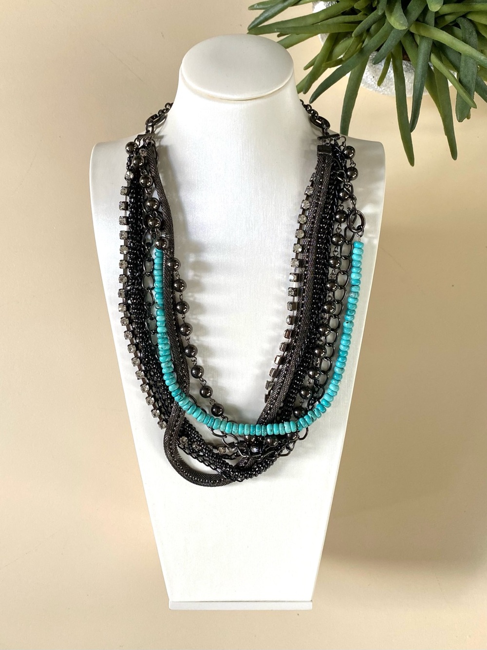 Elegant Multi-Strand Necklace with Turquoise, Crystal & Silver Chain Accents